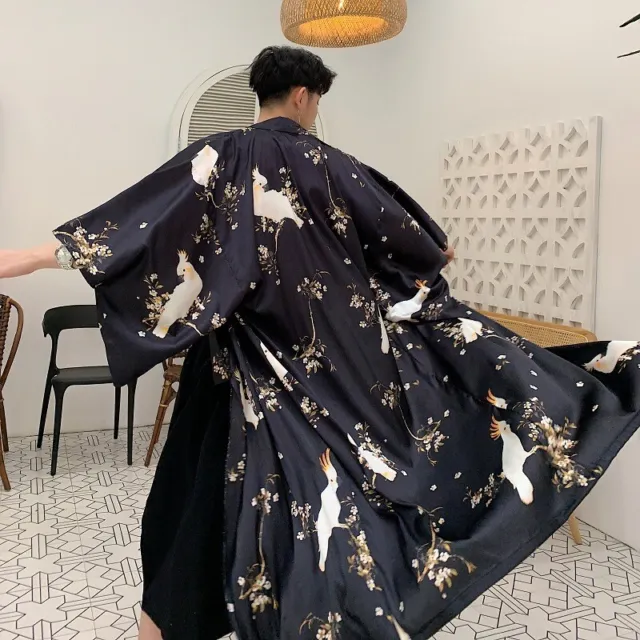 Japanese Unisex Men Long Top Kimono Cardigan Coat Lace Up Floral Printed Retro 2