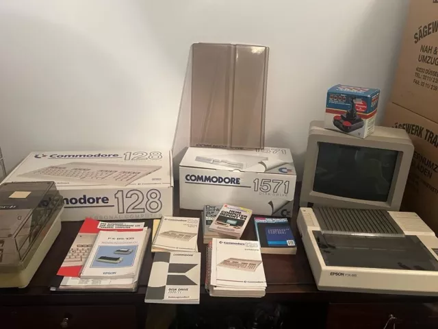 OVP Commodore 128, 1571, DX85, Monitor, Floppy, Handbücher, Epson Fx-85 Zubehör