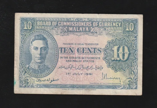 Malaya British Administration, 10 Cents, P-8, 1941, * King George VI * Banknote,