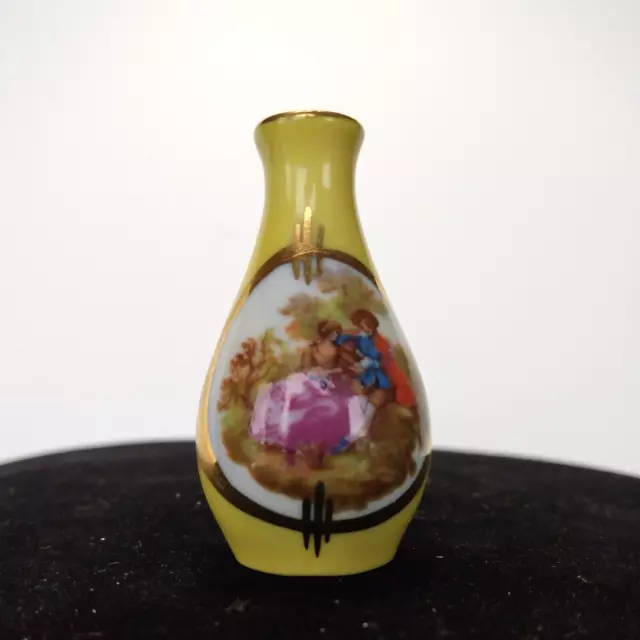 Vintage Miniature Limoges France Courting Couple on a yellow vase w/mark 1 3/4" 3