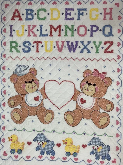Vintage Finished Cross Stitch Baby Quilt or Wall Hanging Baby Bears and Alphabet