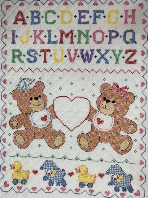 Vintage Finished Cross Stitch Baby Quilt or Wall Hanging Baby Bears and Alphabet