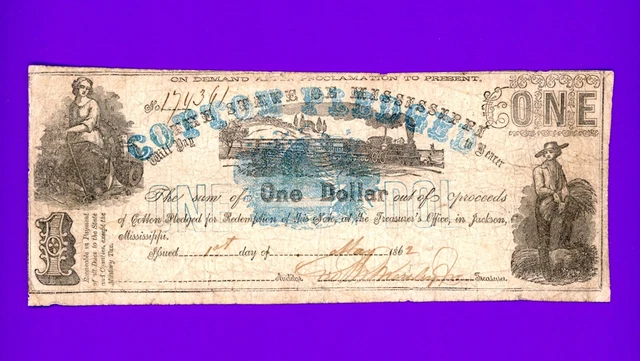 1862 $1 The State Of Mississippi Jackson Ms Cotton Pledged Rare Civil War Note