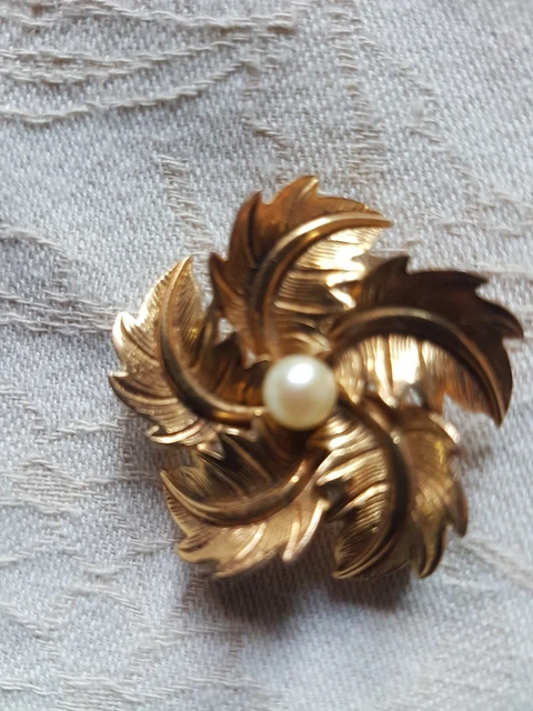 Broche Vintage Guirlande - Plaqué Or Et Perle Vert émeraude - Bijou Fantaisie Femme