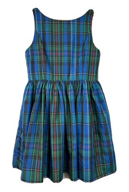 Ralph Lauren Taffeta Tartan Dress Fit & Flare Sleeveless Blue Green Girl's Sz 16