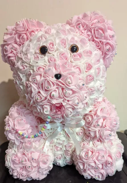 Bear big size 40cm with foam roses white with diamonds And Pink 🩷