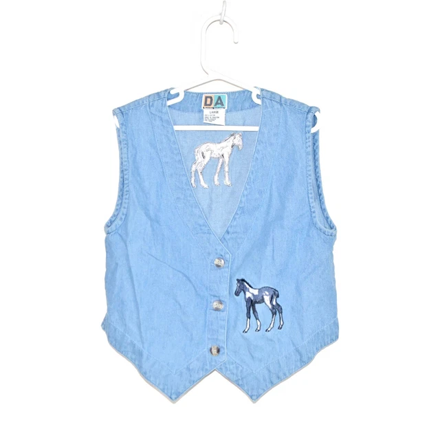 Vintage 90s Dominion Apparel Denim Vest Horse Embroidered Girls Size Large