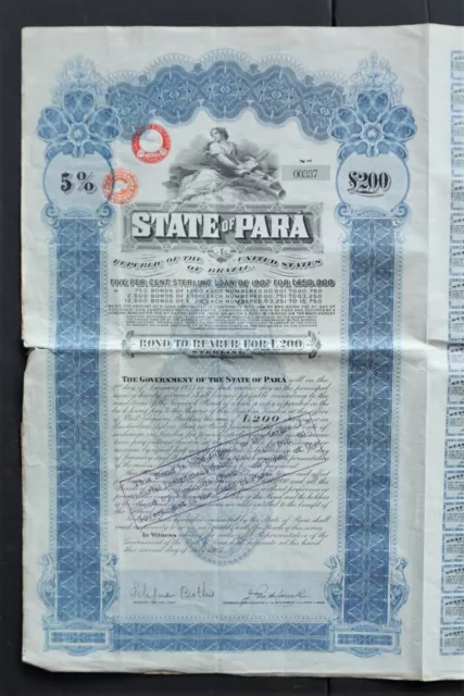 Brazil - State of Para- 1907 - 5% bond for 200 pounds  -RARE-