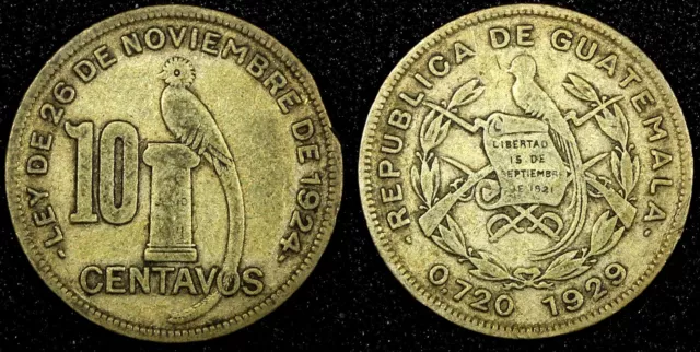GUATEMALA Silver 1929 10 Centavos Royal British Mint KM# 239.2 (24 594)
