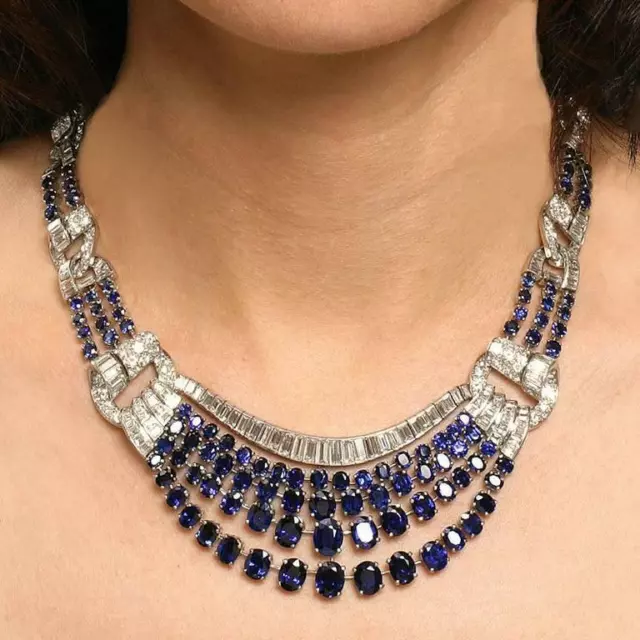 French Mid-20th Century Oval-Cut 25.CT Sapphires & 15.CT Clear CZ Fine Necklace