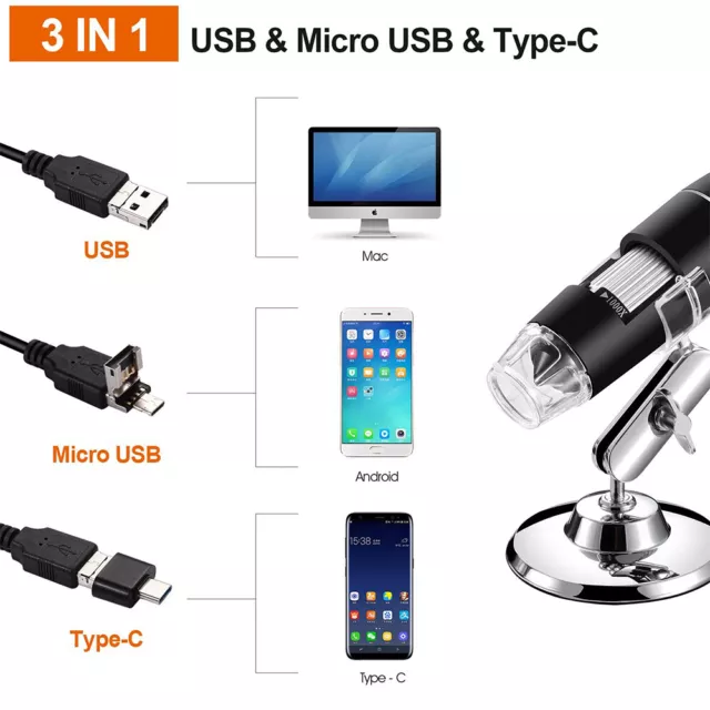 Mini USB Mikroskop 40x-1000x Vergrößerung HD Mikroskop Kamera 8 LED für Handy PC 2