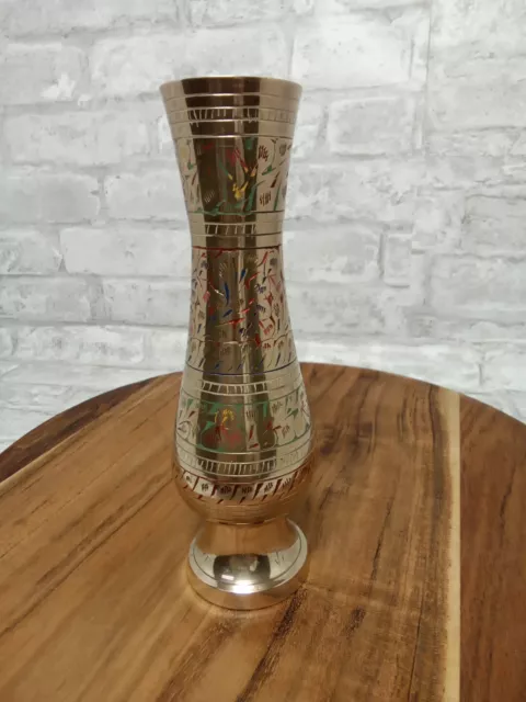 Vintage Brass Etched & Hand Painted Bud Vase Made in India