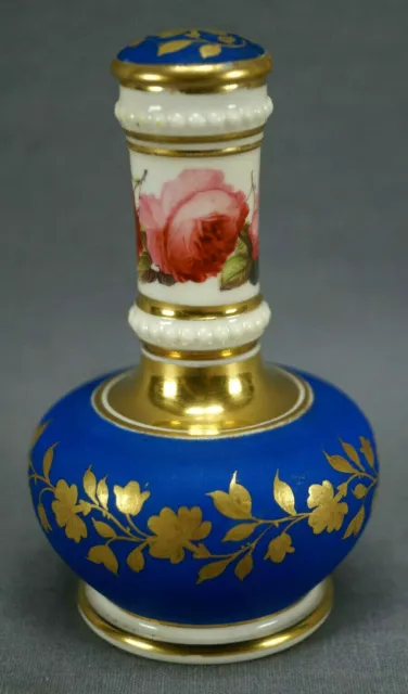 Ridgway Hand Painted Pink Rose Gold Floral & Matte Blue Scent Bottle C. 1820-30