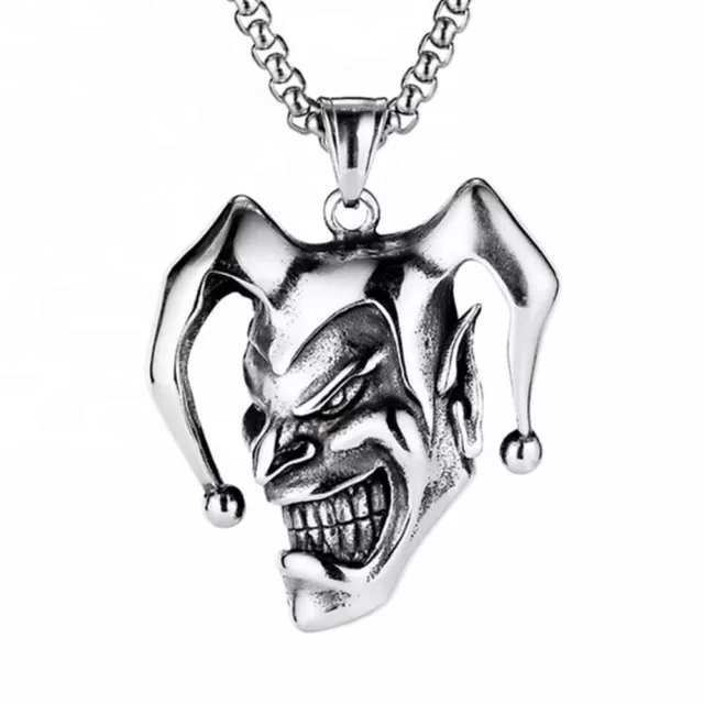 Silver Stainless Steel Evil Clown Jester Joker Pendant Necklace w 22" Chain