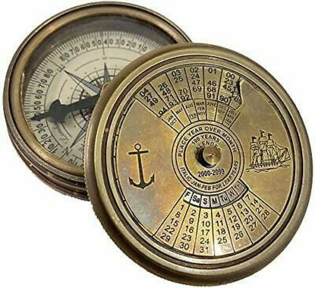 VINTAGE BRASS 100 Year Calendar Compass Antique Pocket Gift 28 07