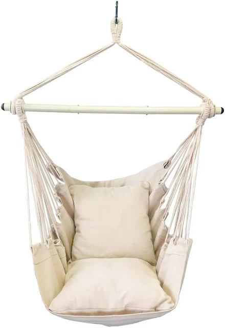 Hammock Chair Hanging Rope Swing - Max 500 Lbs - 2 Cushions Included - Steel Spr