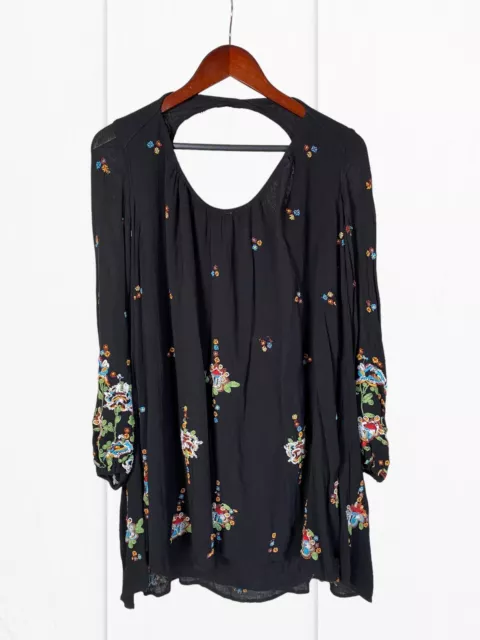 Free People Black Floral Long Sleeve Embroidered Mini Dress Size Small