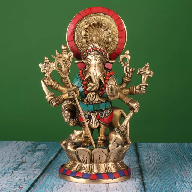 Brass Lord Ganesha Statue Warrior Ganapathy Idol Dhristi Ganesh Figurine Decor 2