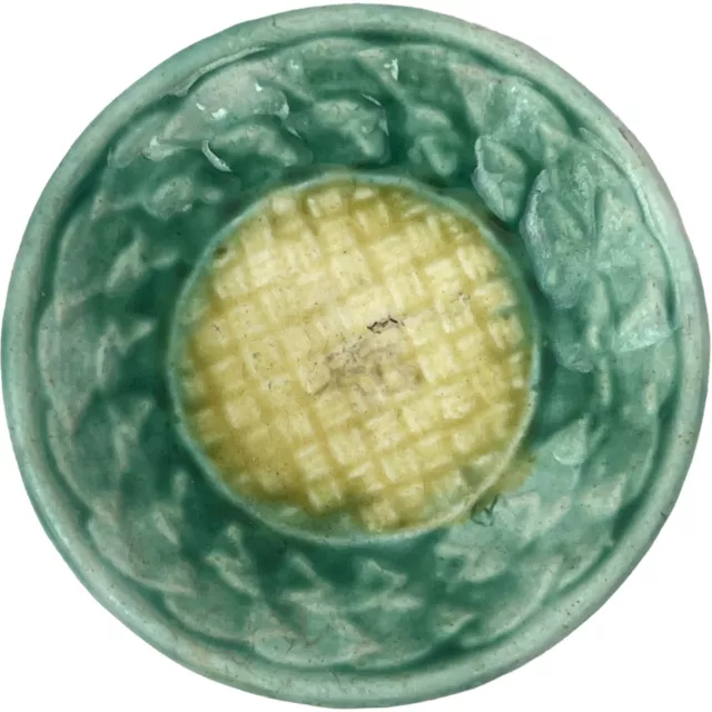 Antique Griffin Smith and Hill Majolica Butter Pat GHS Green Yellow Weave 2-5/8"