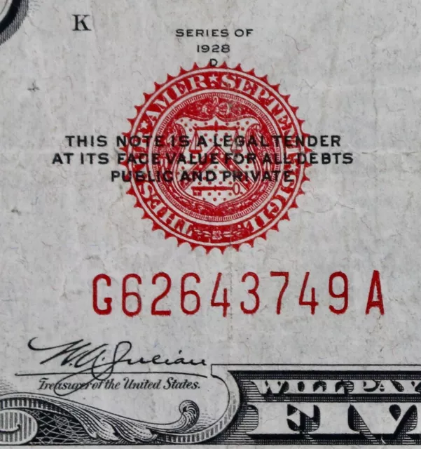 Tough $5 1928D Mule US Note G62643749A series D, Legal Tender Note, bp 637