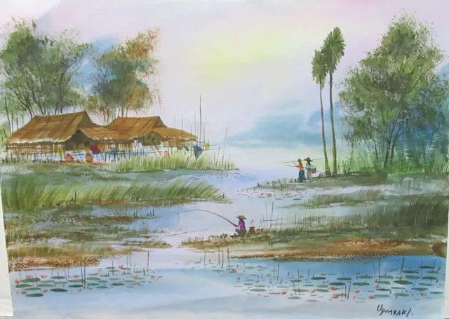 Udomraki Old Vietnam Fisherman Village Hunts Watercolor Landscape Painting