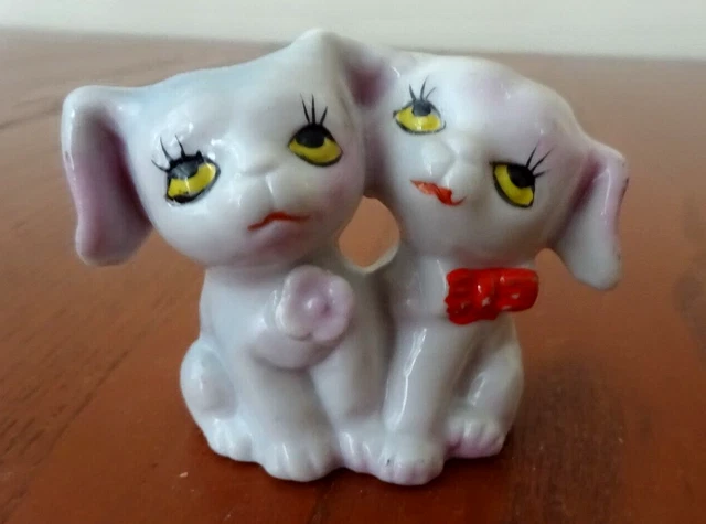 ***Vintage (2) Small Boy & Girl Puppy Dogs Attached Figure Japan-E
