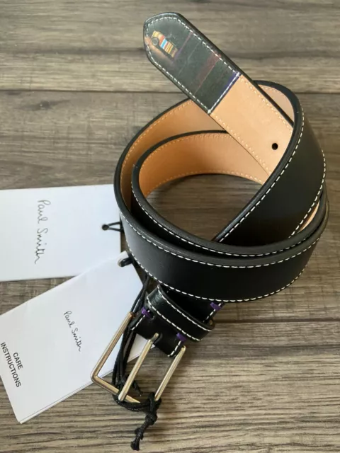 Paul Smith Black Leather Belt Multistripe Mini Print Tip Size 28 Bnwt