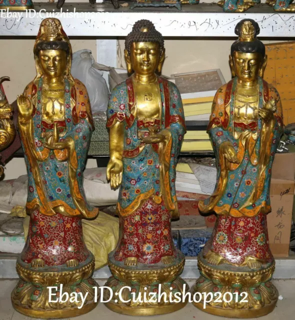 39" Cloisonne Enamel Gilt Western Shakyamuni Kwan-Yin God Buddha Statues Set