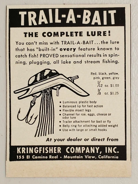 1957 Print Ad Kringfisher Trail-A-Bait Fishing Lures Mountain View,California