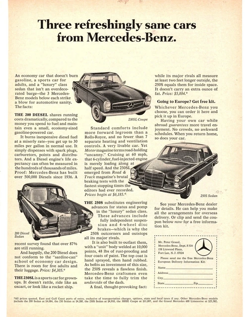 1967 Original advertisement Mercedes Benz 230SL/ 250/ &200 Diesel