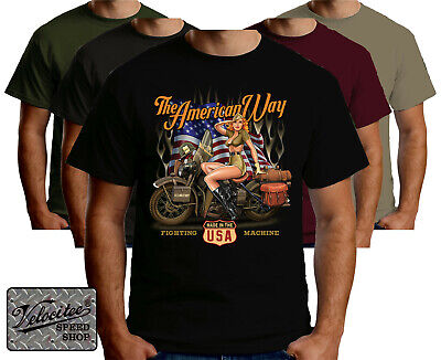 Velocitee Da Uomo T-shirt American WAY Militare Pin Up USA moto biker A22645