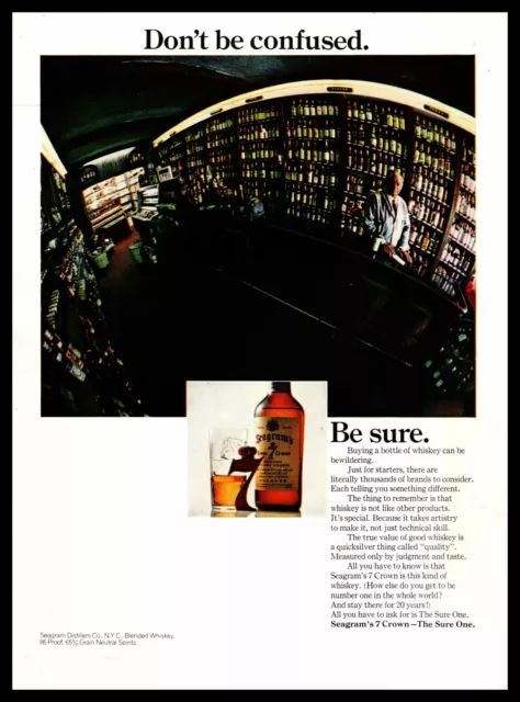 1967 Seagram's 7 Crown Whisky "Don't Be Confused. Be Sure" Liquor Store Print Ad