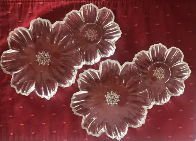 2 Hazel Atlas Capri Snack Plates Clear Glass Double Flower Party Trays Vintage