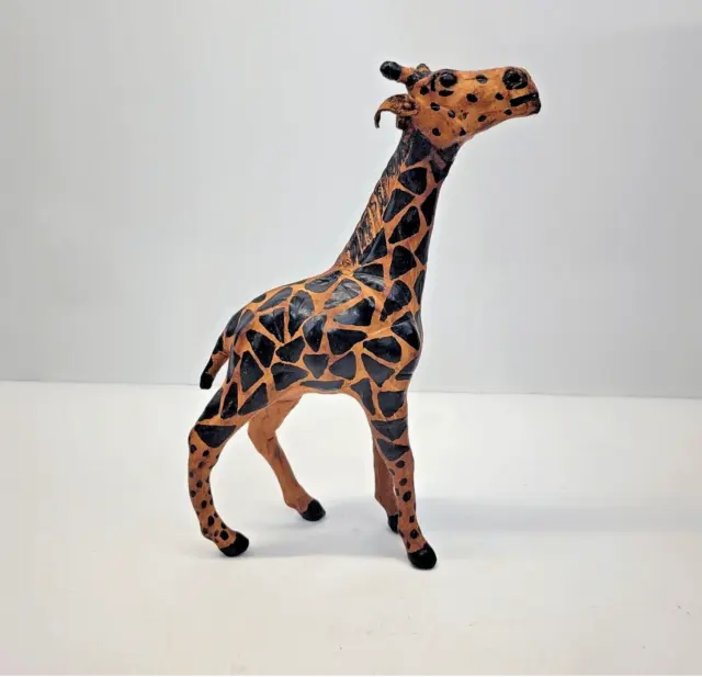 Vintage Leather Wrapped Giraffe Figurine Statue Hand Painted Africa Safari 10"