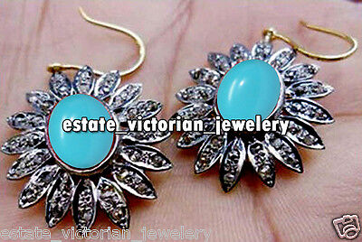 Amazing 2.65Ct Rose Cut Diamond Turquoise Studded Silver Vintage Earring Jewelry