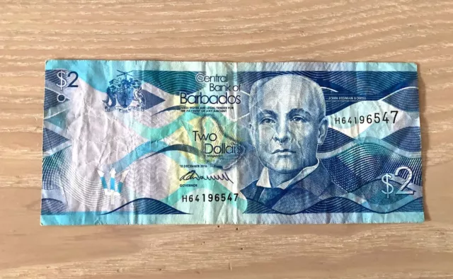 Barbados Two Bajan Dollars (2$) Used/Circulated Bank Note - Low Starting Price!