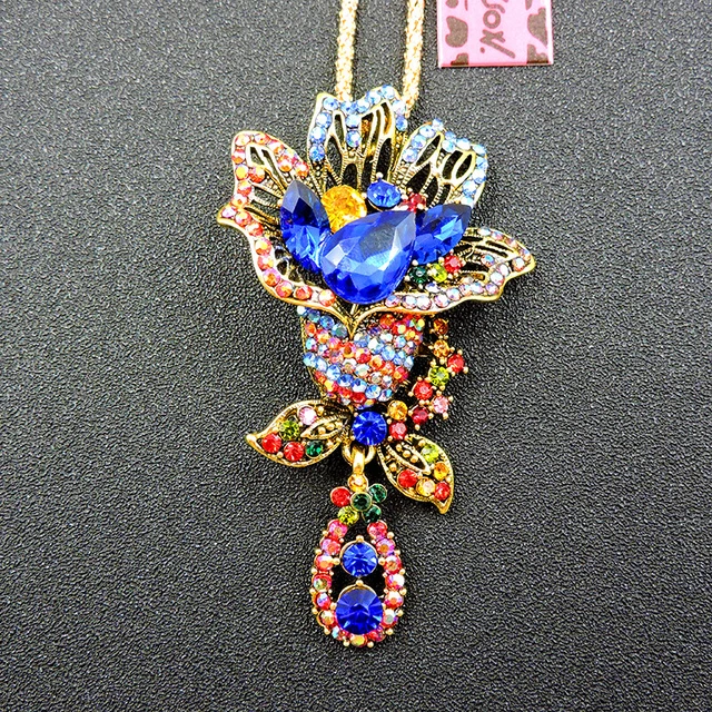 Betsey Johnson Bling Blue Exquisite Enamel Flower Crystal Pendant Women Necklace