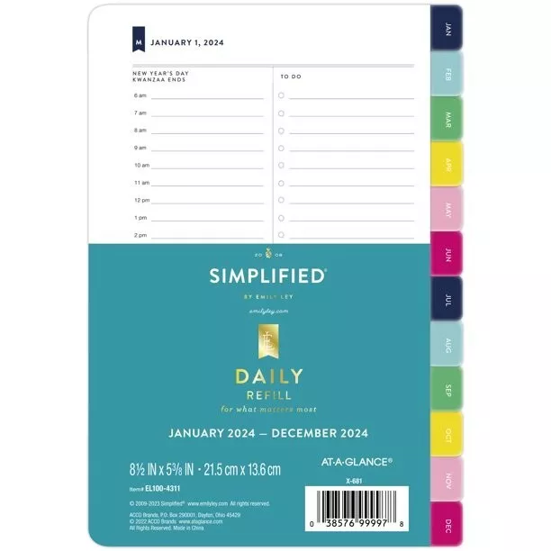 AT-A-GLANCE Simplified by Emily Ley Daily Refill Jan-Dec 2024