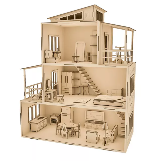 1:12 Large Wooden Doll House + Furniture 51x25x69cm Great Kids Gift Home Decor