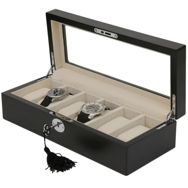 Watch Box Storage Case with 6 Slots Wood Black Finish Display Window Lock Key