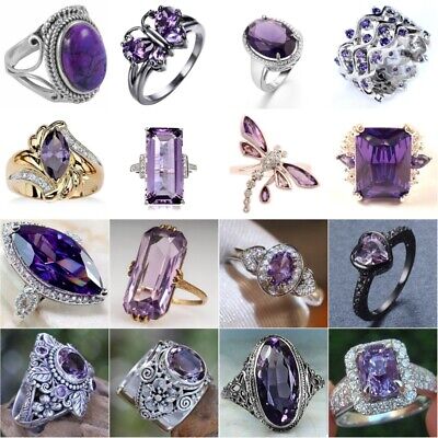925 Silver Women Amethyst Jewelry Ring Cubic Zirconia Wedding Party Rings Gifts