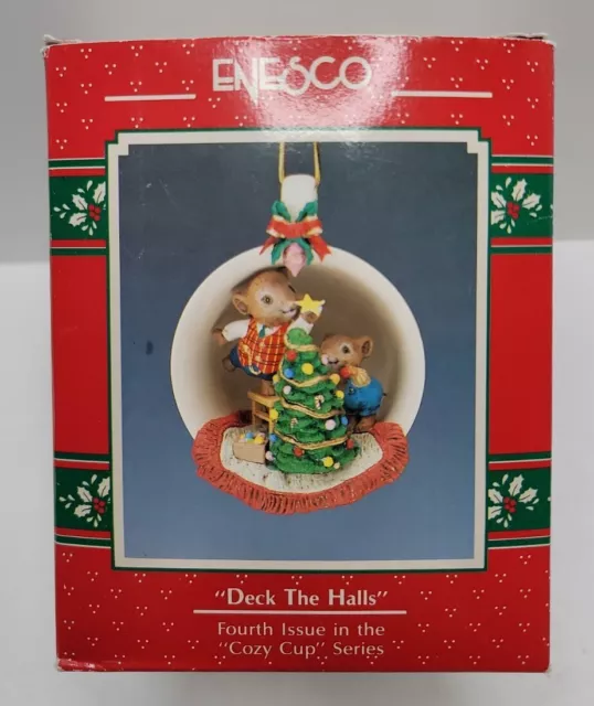 Vintage 1990 Enesco “Deck The Halls ” Ornament Mice Teacup Christmas.