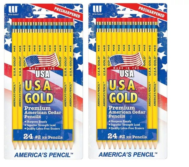 Write Dudes USA Gold Natural Wood Presharpened #2 Pencils 48-Pack set of 2