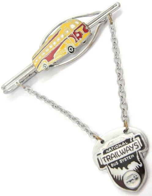 National Trailways Bus System Enamel Yellow & Red Neck Tie Bar w Chain
