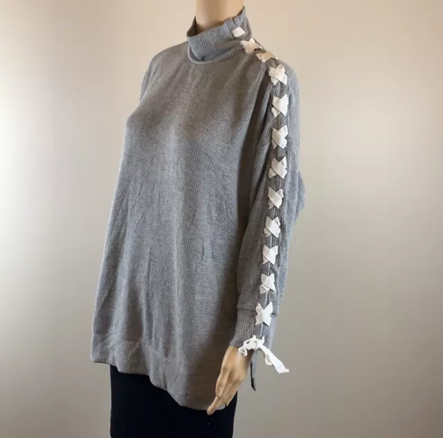 New Free People Snow Drift Lace Up Sleeve Grey Thermal Tunic Sweater XS $88