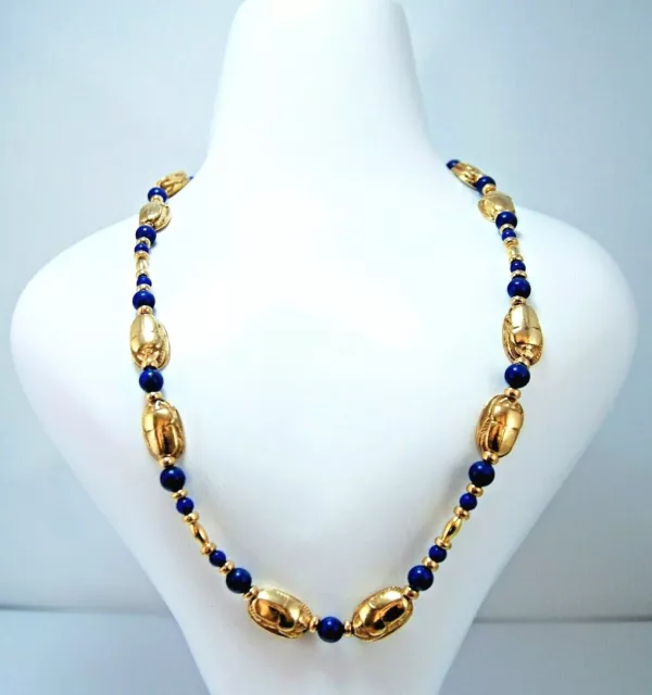 Egyptian Cleopatra Lapis Lazuli Necklace 22 Kt Gold Finish Hieroglyphic Scarabs