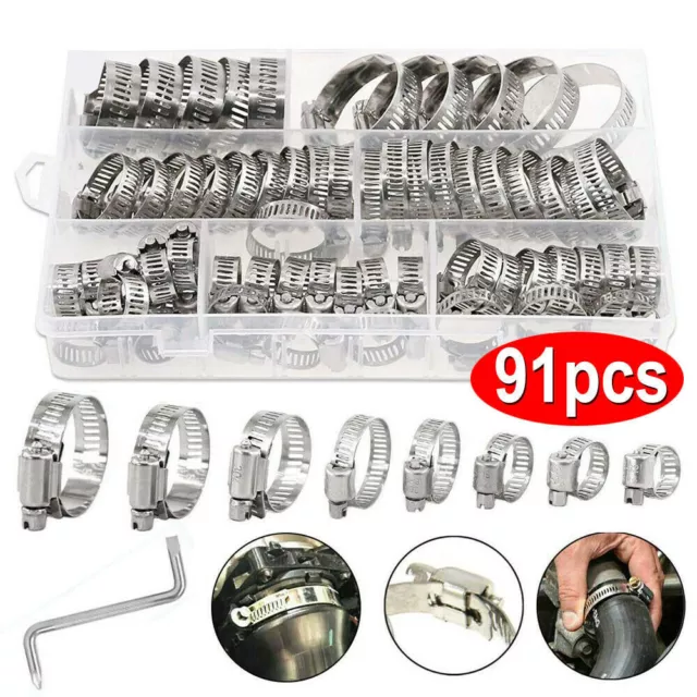 91X Stainless Steel Hose Clamps Clips Adjustable Range Worm Gear Pipe Clamp Kit