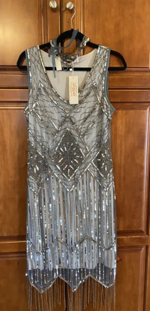 VINTAGE SILVER 1920s Flapper 20s Great Gatsby Dress Fringed Sequin W ...