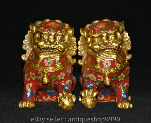 5.2" Marked Chinese Bronze Gilt Cloisonne Wealth Foo Dog Lion Sculpture Pair