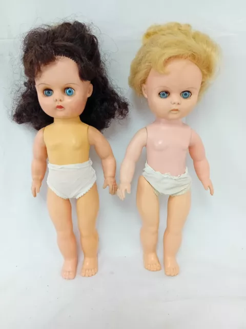 2 x vintage 1960s 13" sleepy eyed vinyl/hard plastic dolls Blonde & brunette MIE